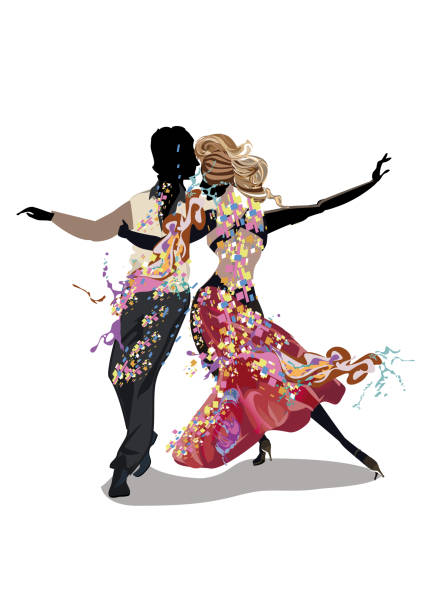illustrations, cliparts, dessins animés et icônes de couple de danse abstrait décoré d’éclaboussures, de vagues, de notes. - music musical note treble clef dancing