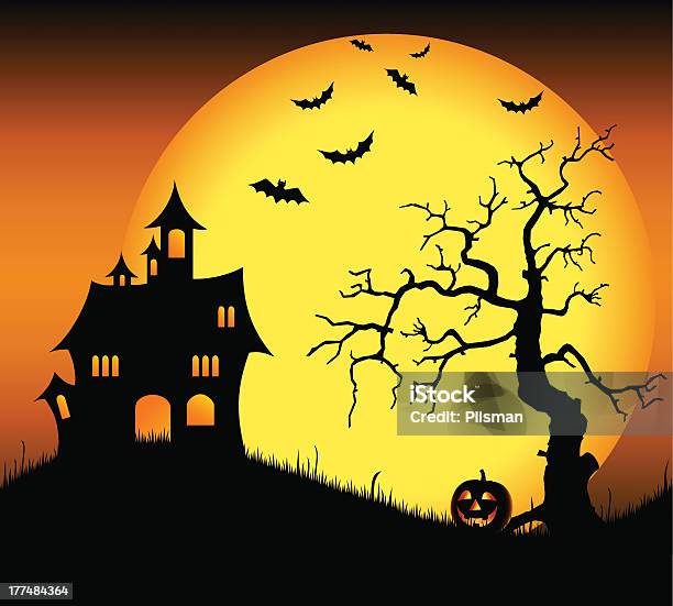 Halloween Haunted Castle With Bats And Tree Stock Illustration - Download Image Now - Abstract, Art Product, Back Lit