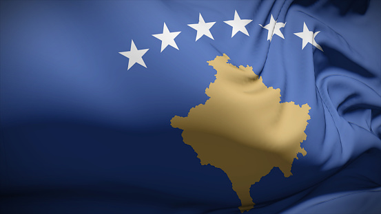 3d illustration flag of Kosovo. Close up waving flag of Kosovo.