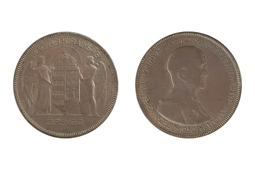 5 Pengo 1930 Miklos Horthy. Coin of Hungary. Obverse Crowned shield with standing angel supporters. Reverse Bust right