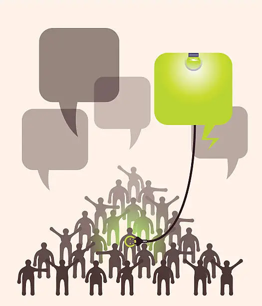 Vector illustration of Crowd of people expressing special idea with speech bubble illuminated