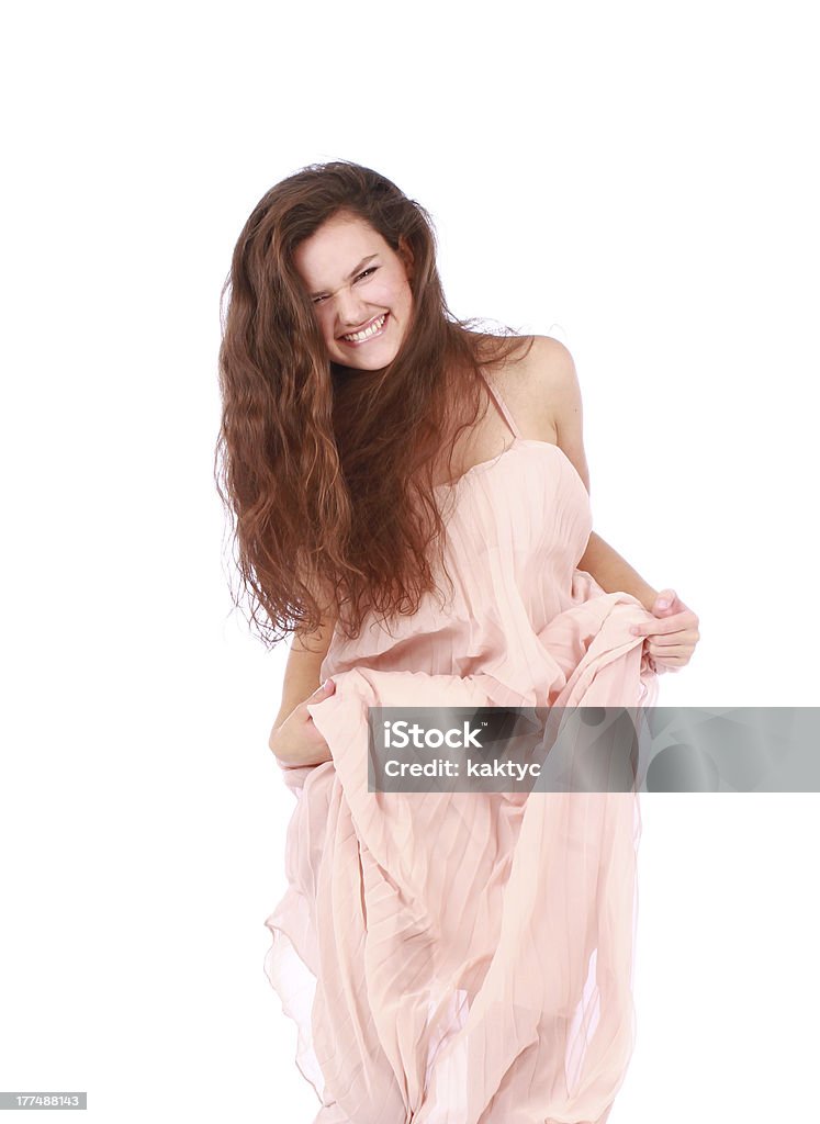 Felice mattina donna in abito rosa chiaro - Foto stock royalty-free di Abbigliamento