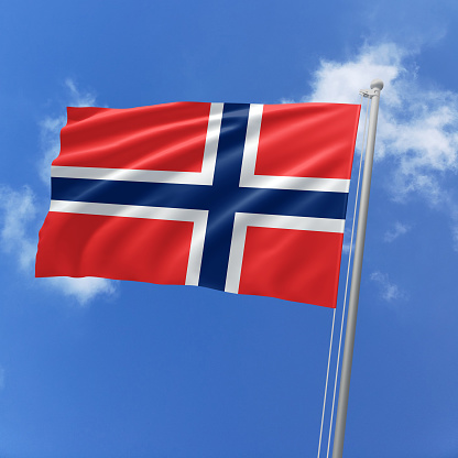 3d illustration flag of Norway. Norway flag isolated on the blue sky with clipping path.