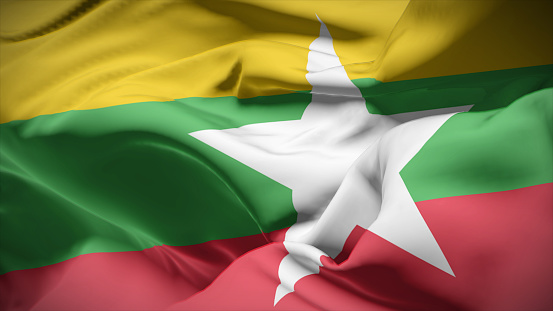 3d illustration flag of Myanmar. Close up waving flag of Myanmar.