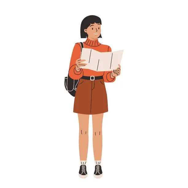 Vector illustration of Young woman tourist looking at map planning trip. Happy girl backpacker finding route on paper map.