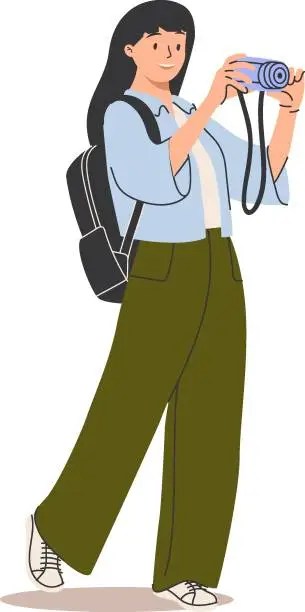 Vector illustration of Young tourist holding camera and taking photo during sightseeing. Woman shooting at trip. Travel photographer.