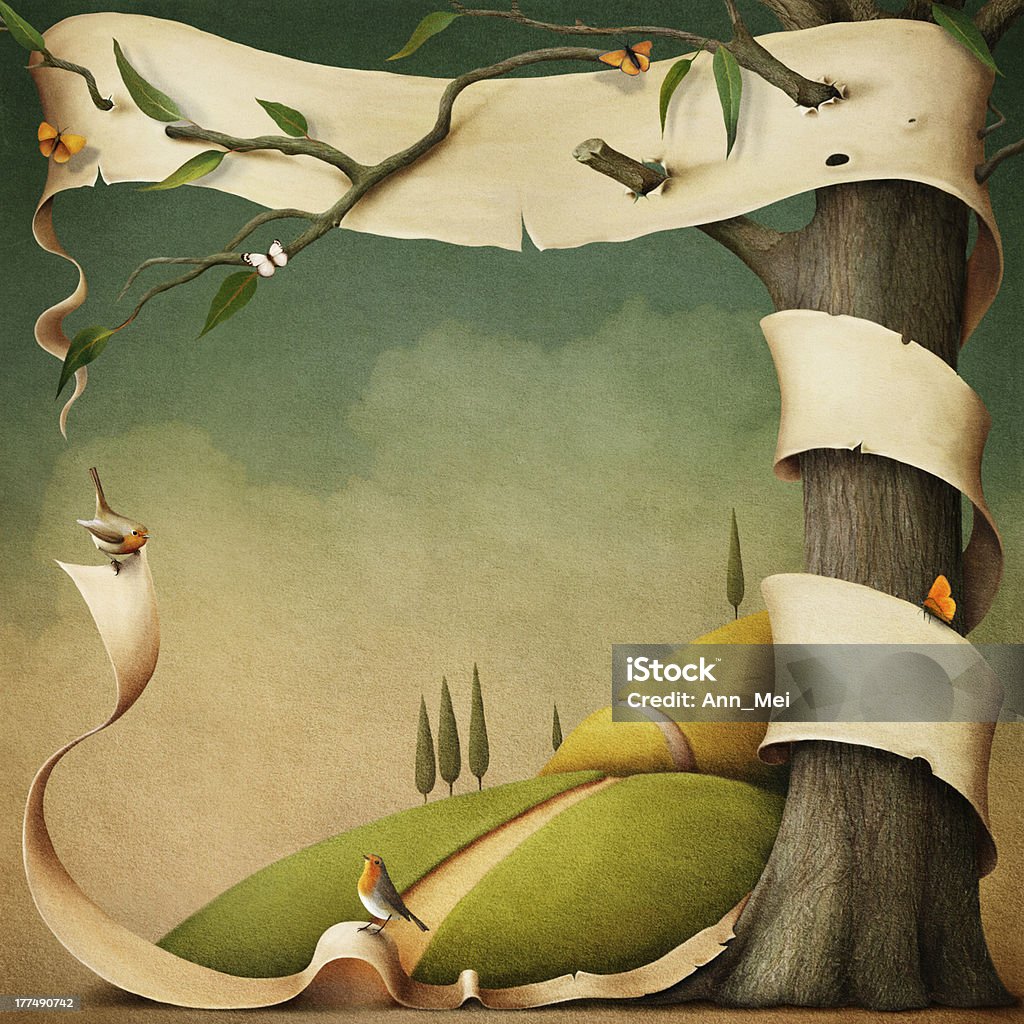 Autumn landscape with banner. Poster or illustration with banner and autumn landscape. Computer graphics. Agricultural Field stock illustration