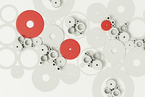 Difference, choice, red circle in white circles. Digitally generated image. Abstract background.