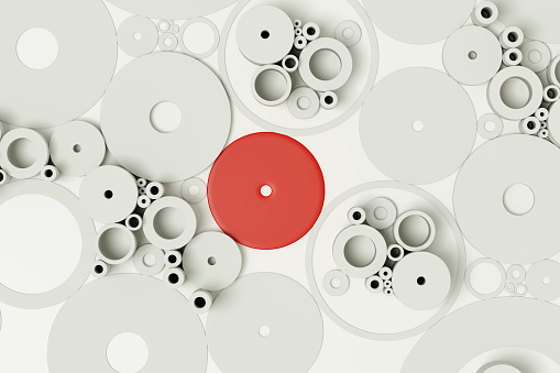 Difference, choice, red circle in white circles. Digitally generated image. Abstract background.