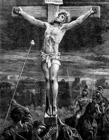 An engraved vintage illustration image of  The Crucifixion of Jesus Christ, from a Victorian book dated 1881 that is no longer in copyright