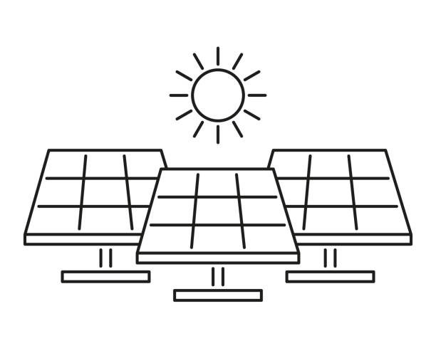solarpanel-set, sonnenenergie akkumulieren, liniensymbol. alternative stromerzeugung aus sonnenlicht. vektor-umriss - solar power station solar panel sun house stock-grafiken, -clipart, -cartoons und -symbole