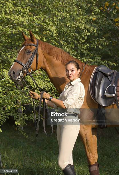 のポートレート若い美しいブルネットの女性にブラウンの馬 - あぶみのストックフォトや画像を多数ご用意 - あぶみ, ウマ, スポーツ