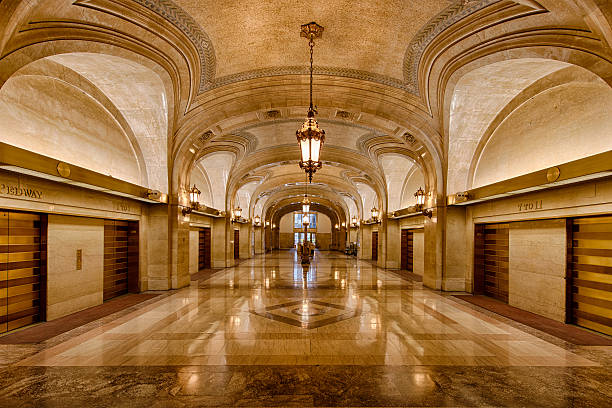 Lobby and elevator banks at City Hall "Lobby and elevator banks of City Hall in Chicago, Illinois" chicago illinois photos stock pictures, royalty-free photos & images