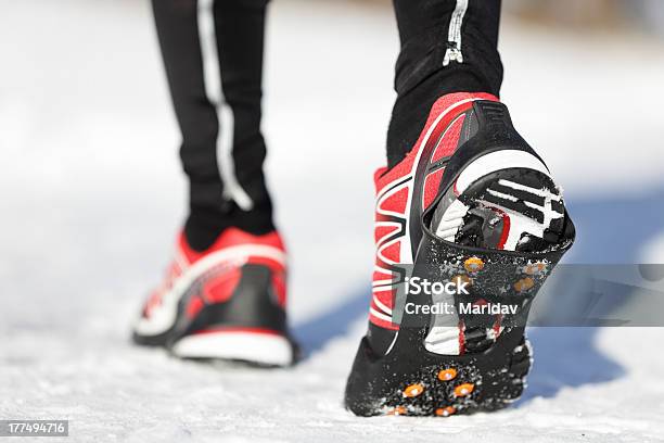 Running Shoes In Snow Stock Photo - Download Image Now - Walking, Running, Winter