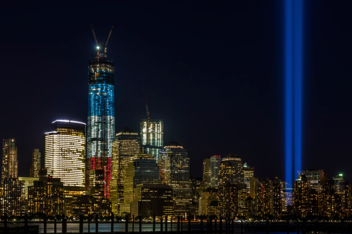 Twin beams of light over lower Manhattan in New York City in 9/11/2012