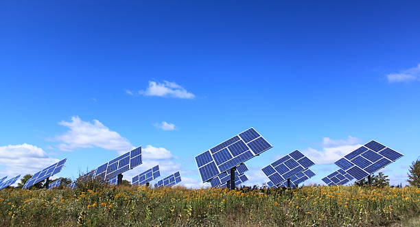 Solar panels installed in field stock photo