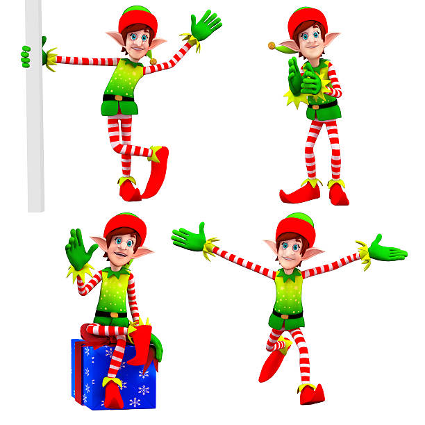 cztery elves są w różnych działań - christmas three dimensional shape small men zdjęcia i obrazy z banku zdjęć