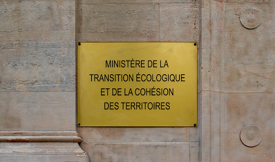 Paris, France - 10 08 2023 : plaque at the entrance of the to the Ministry of Ecological Transition and Social Cohesion