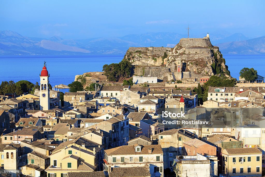 Aerial view from New fortress Kerkyra, Corfu island, Greece "Aerial view from New fortress on the city with St. Spyridon church before sunset, Kerkyra, Corfu island, Greece" Corfu Town Stock Photo