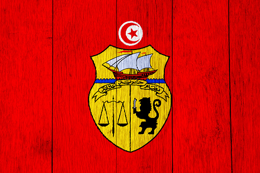Flag and coat of arms of Tunisian Republic on a textured background. Concept collage.