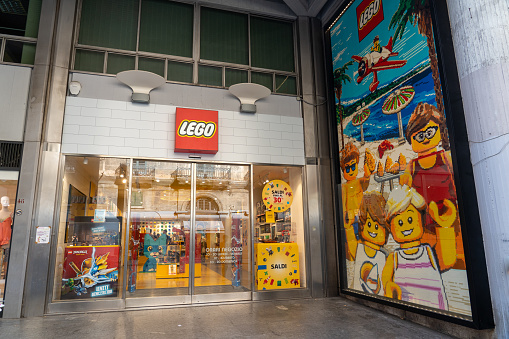 Palermoi, Italy - July 22, 2023: Store front of the LEGO shop in the historic city centre.