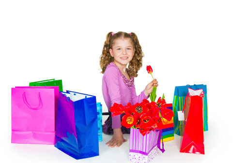 The girl and many color paper packages