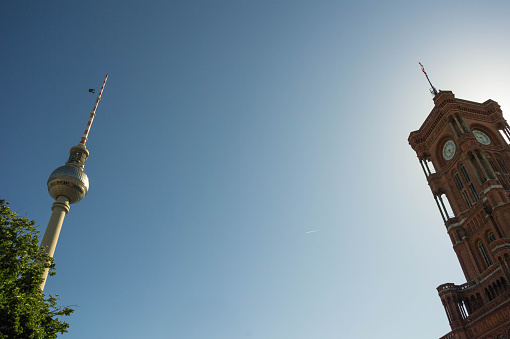 the television tower and the city hall  in alexanderplatz in berlin