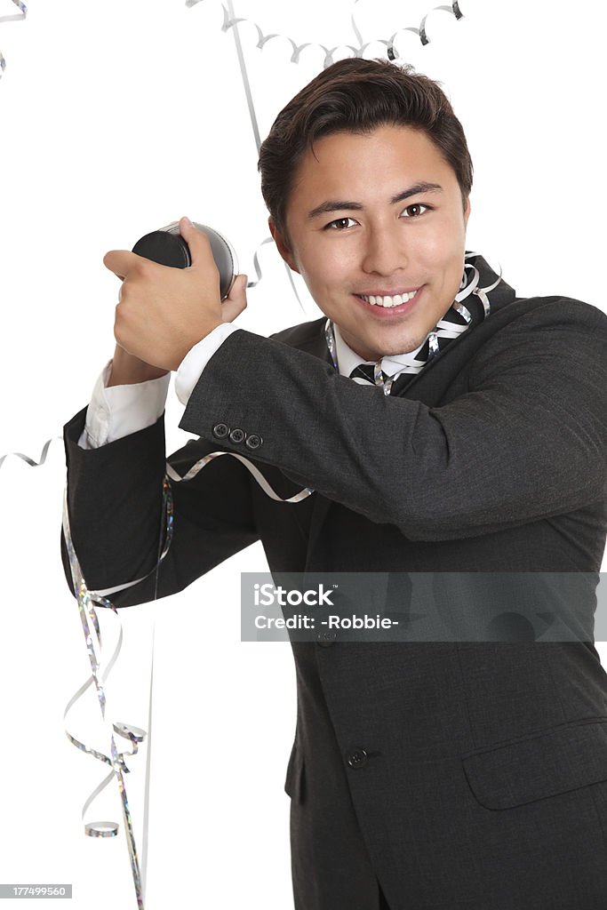 Party guy with shaker "Party guy with shaker, wearing a suit and tie. White background." 20-24 Years Stock Photo