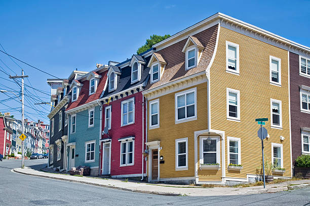 Newfoundland Houses "Unique architecture in the colorful houses on the steep streets of St. John's, Newfoundland." st. johns newfoundland photos stock pictures, royalty-free photos & images