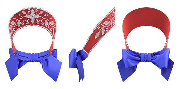 Russian national headdress kokoshnik. Isolated decoration in three angles. Materials: red velvet, pearls and blue cabochon. 3d rendering.