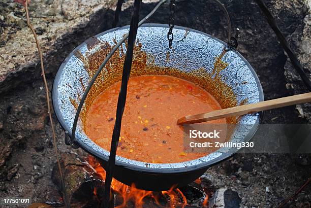 Stew Cooked On A Campfire Stock Photo - Download Image Now - Campfire, Tripod, Bell Pepper