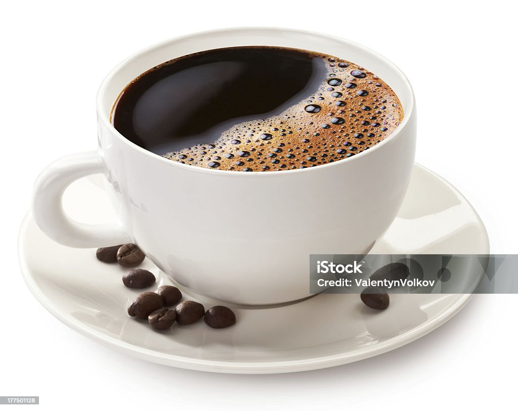 Coffee cup and beans Coffee cup and beans on a white background. File contains the path to cut. Black Color Stock Photo