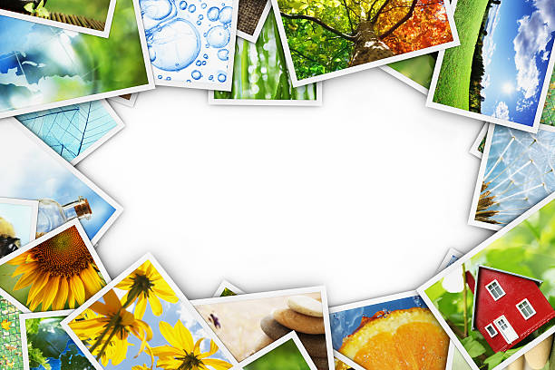 Pictures cards collection hanging on a white background