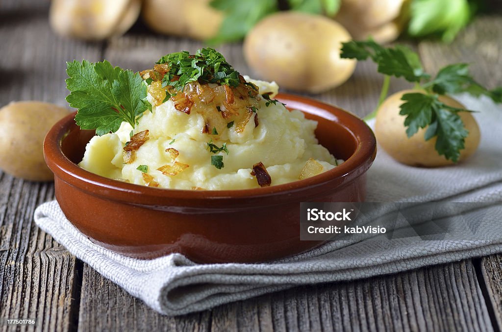 Mashed potatoes Fresh potato puree in a brown ceramic bowl Bowl Stock Photo