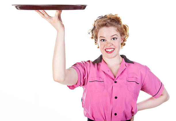 Vintage style waitress or female server with serving platter isolated on white.