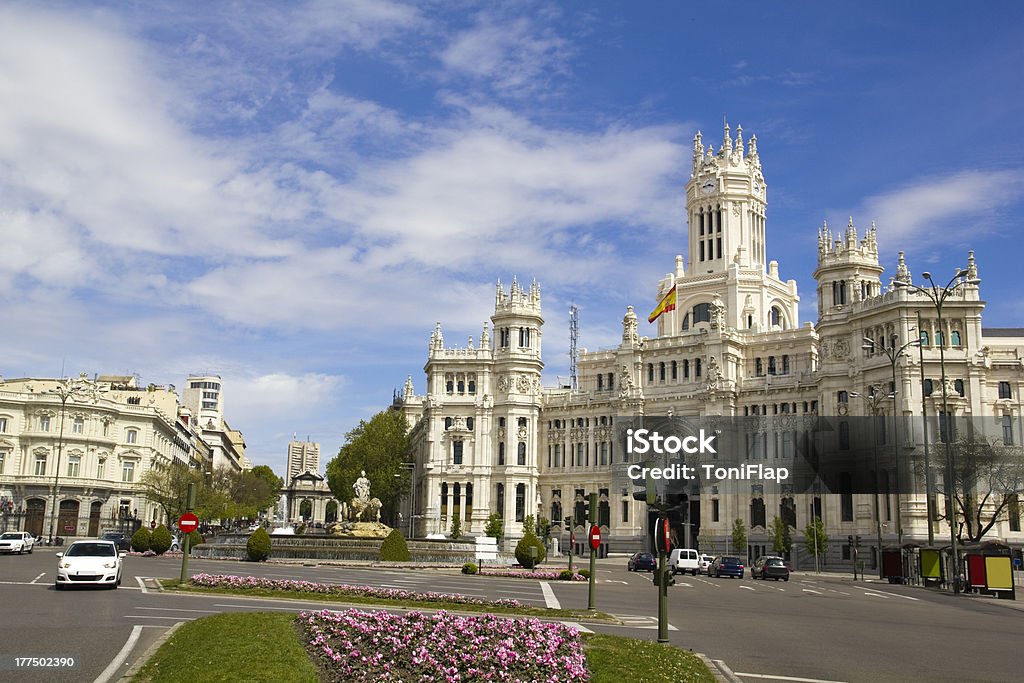 Plaza de Cibeles in Madrid, Spain. "Plaza de Cibeles in Madrid, Spain. With Cibeles Fountain and the Royal Mail office in the background (Palacio de Comunicaciones or Correos)" Madrid Stock Photo