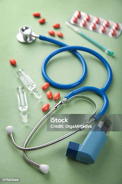 Stethoscope And Pills Stock Photo - Download Image Now - Accidents and Disasters, Antibiotic, Asthma Inhaler