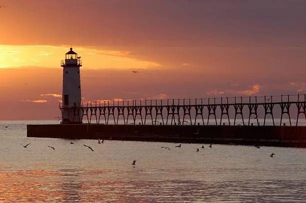 A Michigan lighthouse at sunset.