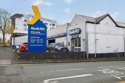 Newcastle-under-Lyme, Staffordshire-united kingdom October, 20, 2023 Branch of Kwik Fit, a Scottish Car servicing and repair chain Company with over 1800 service points in Europe.