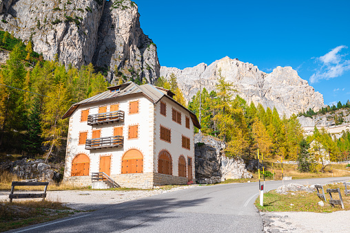 Scenic view of Pian Falzarego in the Dolomites Mountains, Italy.