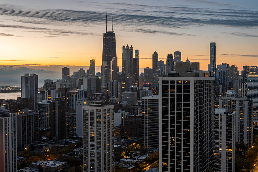 Panoramic view of Chicago at dawn, Illinois, USA