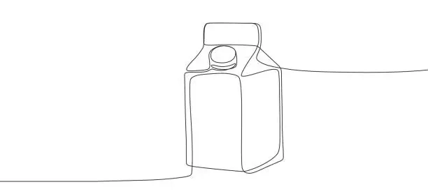 Vector illustration of Drink carton in continuous single line art drawing style. Milk, juice, yoghurt liter packaging. Minimalist linear sketch. Vector illustration isolated on white background. Line art. Hand drawn outline
