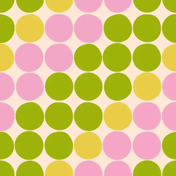 Vector illustration of Stylish 60’s, 70’s abstract seamless pattern. Circles background in green, yellow, pink colors. Retro themed. For banner, social media, decor, blog, wrapping paper, poster, fabric, stationery, textile