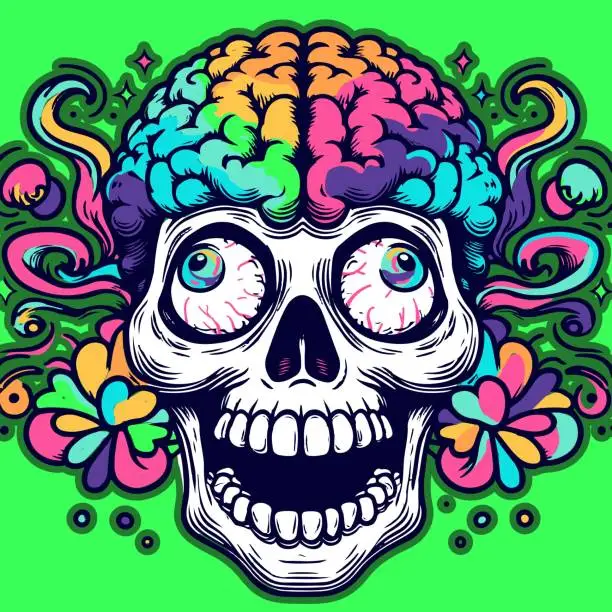 Vector illustration of Psychedelic and colorful illustration of a funky skull with color splashes. Skeleton with a brain and trippy eyes.
