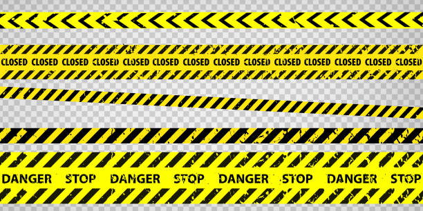 istock Black and yellow police stripe border, construction, danger, closed caution tapes set. Set of danger caution grunge tapes.  Warning signs for your  design on transparent background. EPS10 1775072974