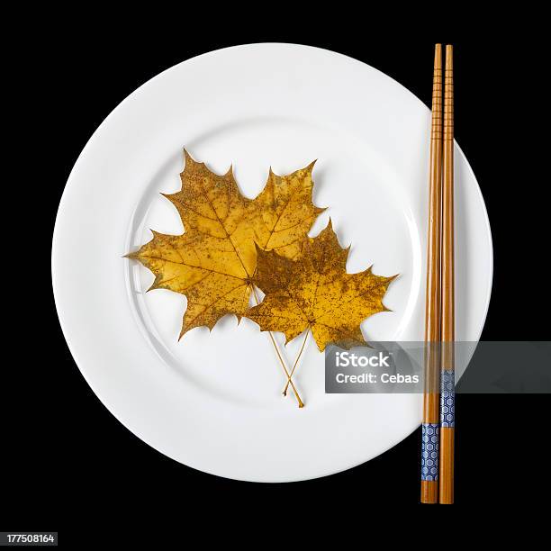 Plate With Chopsticks And Maple Leaves Stock Photo - Download Image Now - Arranging, Asian Culture, Asian Food