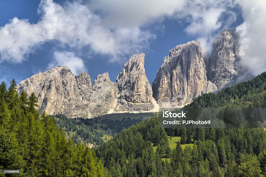 Campitello di Fassa (Dolomiti) vista panoramica di Langkofel-Sassolungo e Plattkofel - Foto stock royalty-free di 2000-2009