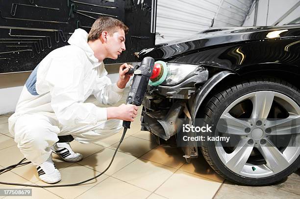 Mechanic Repairing And Polishing Car Headlight Stock Photo - Download Image Now - Crash, Repairing, Auto Repair Shop