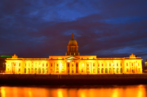 Custom House on the river Liffey in Dublin city at night.