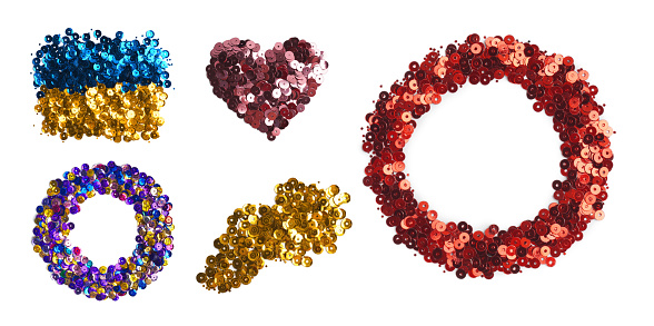 Collage of shiny sequins in different colors and shapes on white background, top view